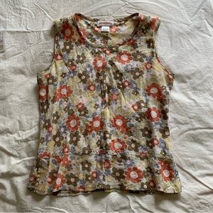 Solitaire 1960s Look Floral Linen Sleeveless Blouse sz M